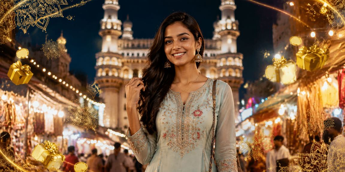 Customer making online payment on mobile with Charminar in Hyderabad background
